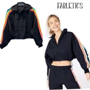 Fabletics Black "Carol" Cropped Rainbow Sleeve Stripe Windbreaker Jacket